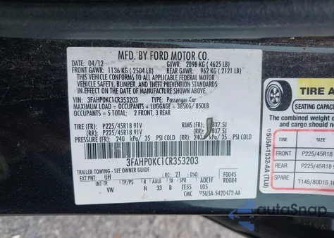 2012 Ford Fusion Sport из США, поврежденный, VIN 3FAHP0KC1CR353203